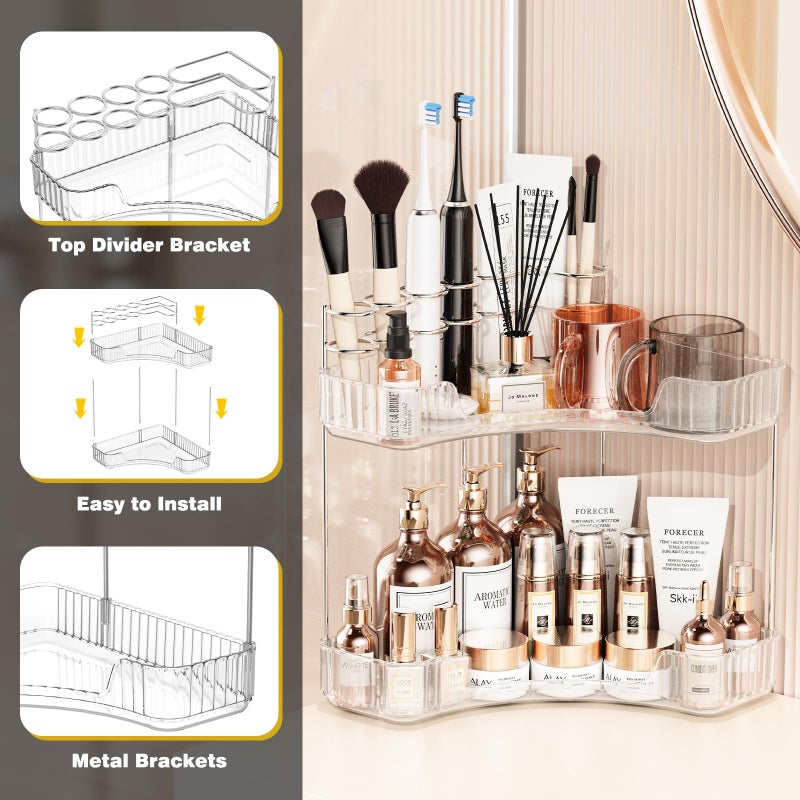 Asayuee 2-Tier Corner Bathroom Counter Organizer with Top Toothbrush Holders Large Makeup Organizer Countertop with Brush Holder Skincare Organizers Corner Exquisite Vanity Organizer(Clear  2 Tier) - Image 4